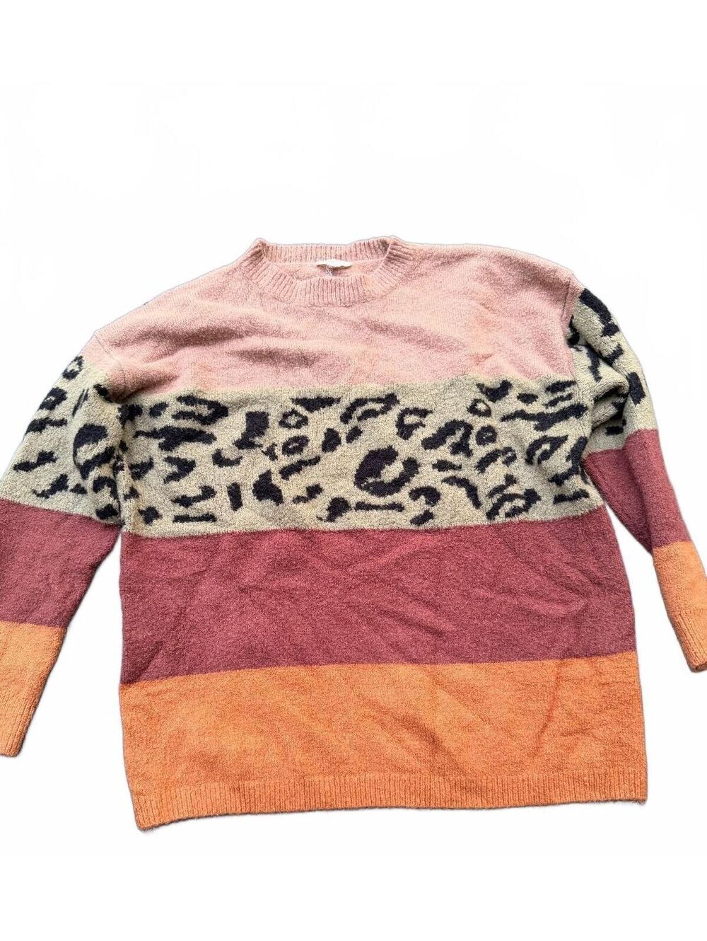 Women's Color Block Leopard Print Sweater - Soft Knit, Size Medium